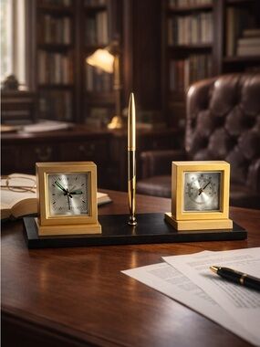 VTG Bulova Quartz Desk Clock Thermometer Pen Set Gold Tone Executive Desk Set